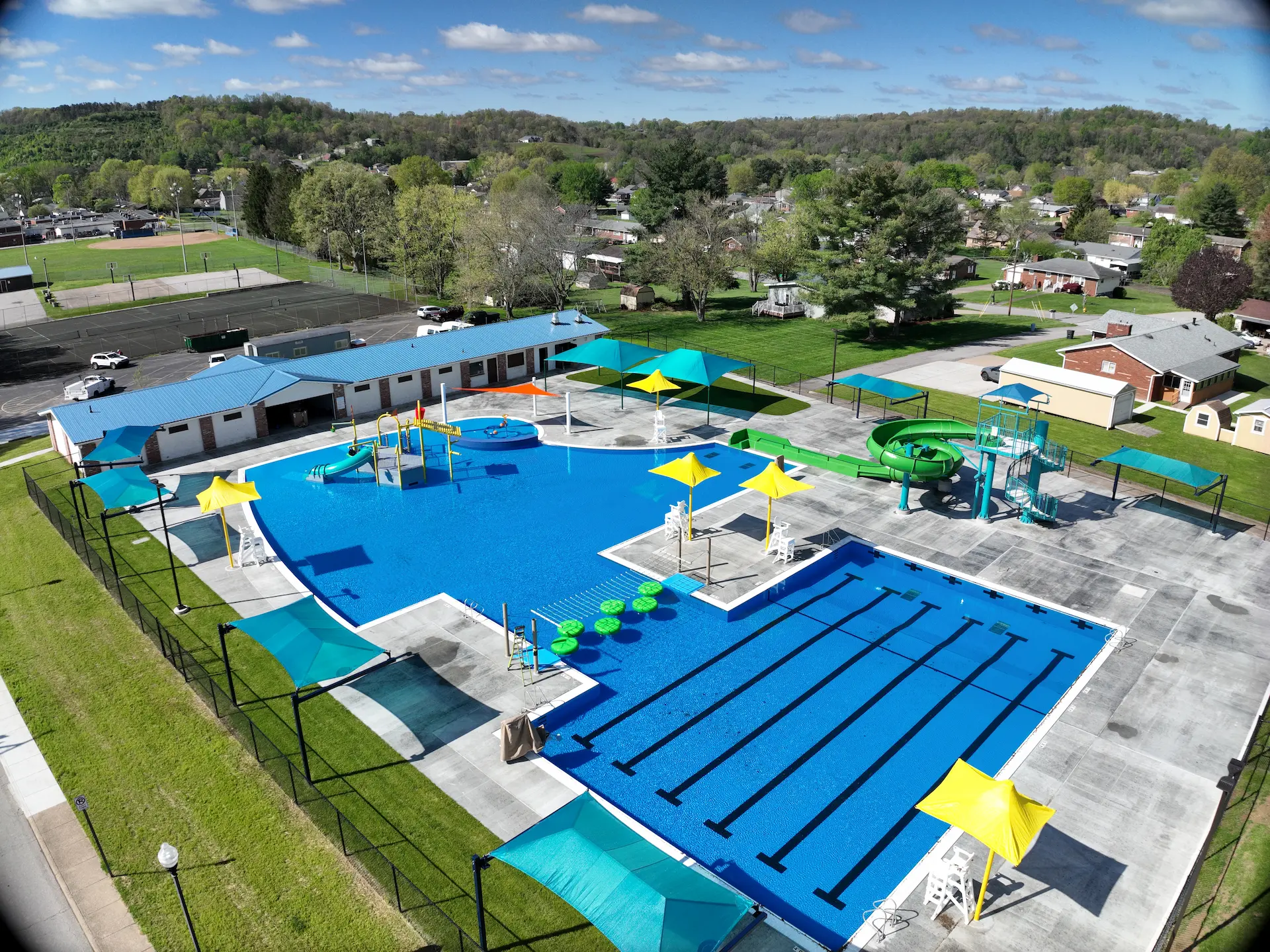 Drone shot of the completed Southwood Park pool renovations.