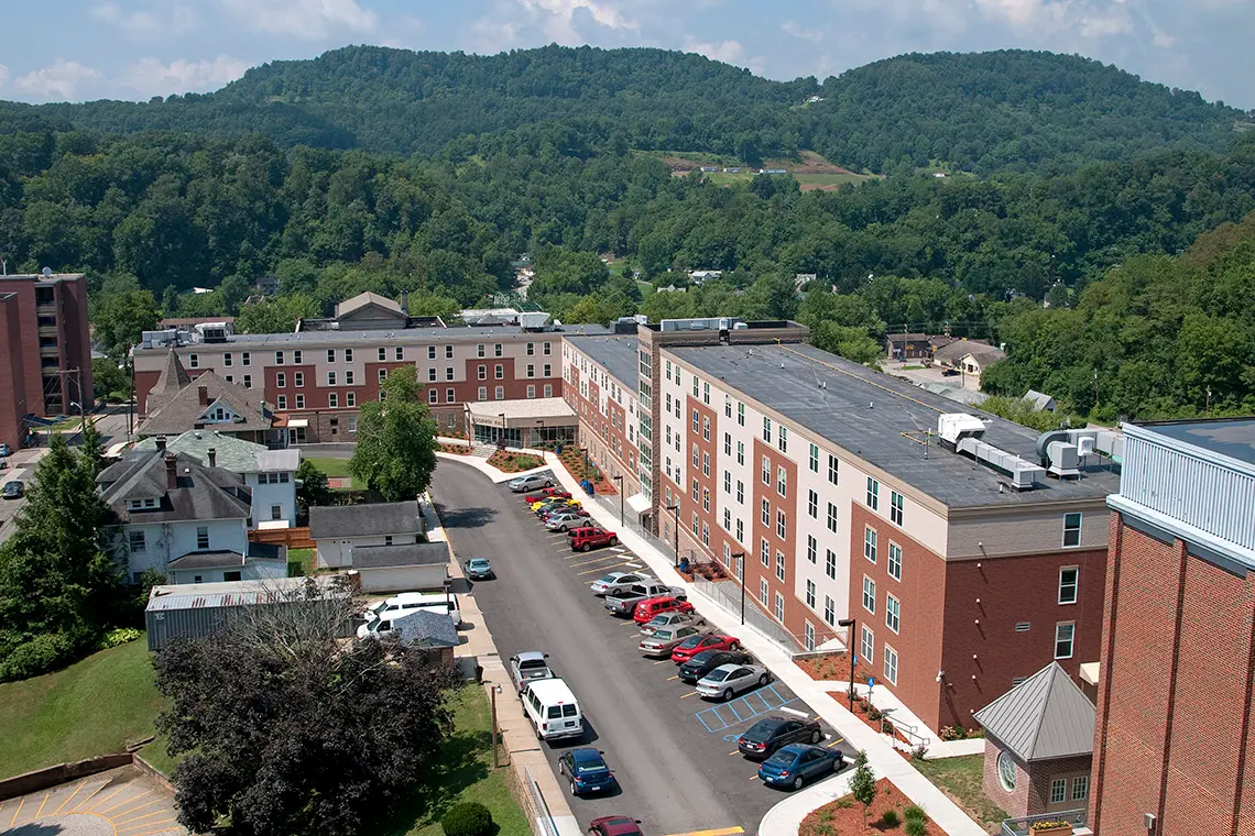 Aerial view of Goodwin Hall showing how the design addressed the steep terrain.