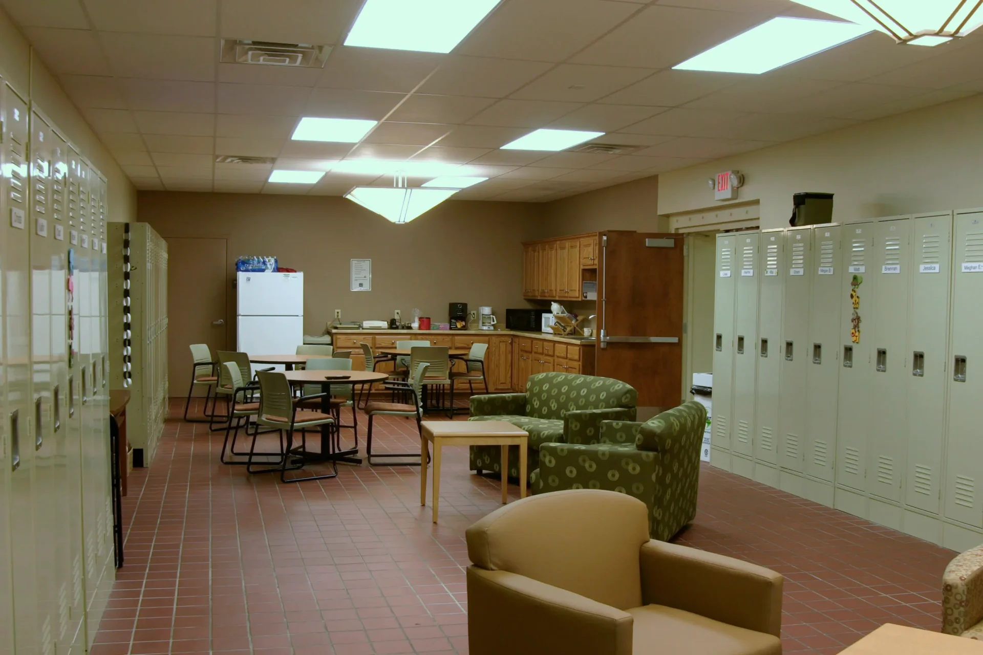 Student lounge with a small kitchen area