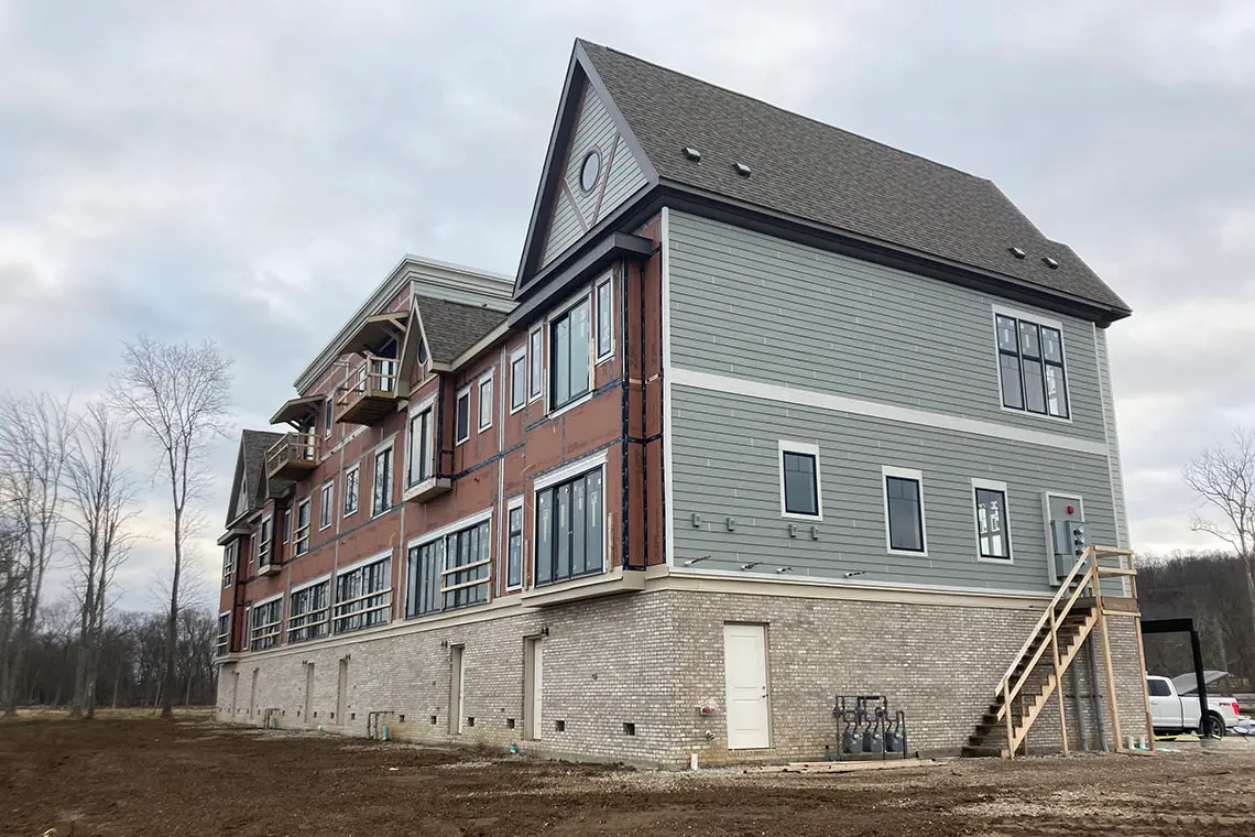 Back of the condominium building with views of the river.