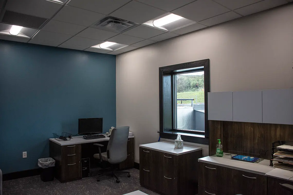 Renovated office areas featuring new carpet and interior colors.