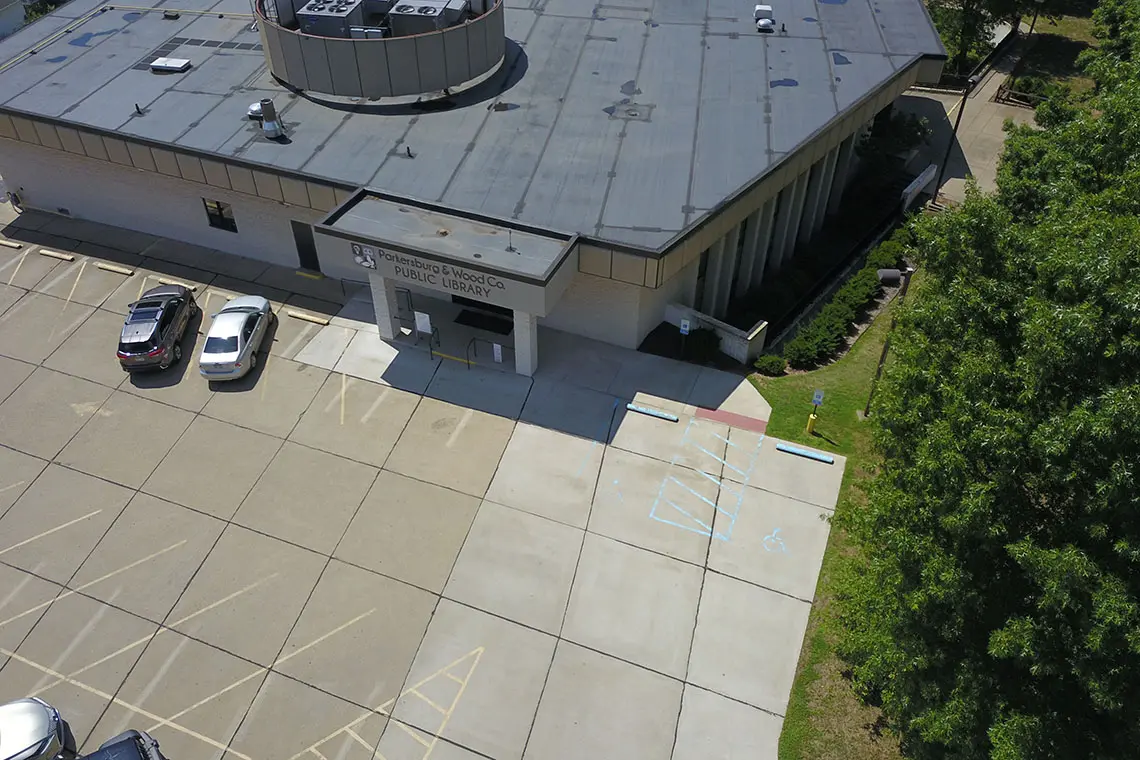 Overhead view of the new addition and entrance to the library.