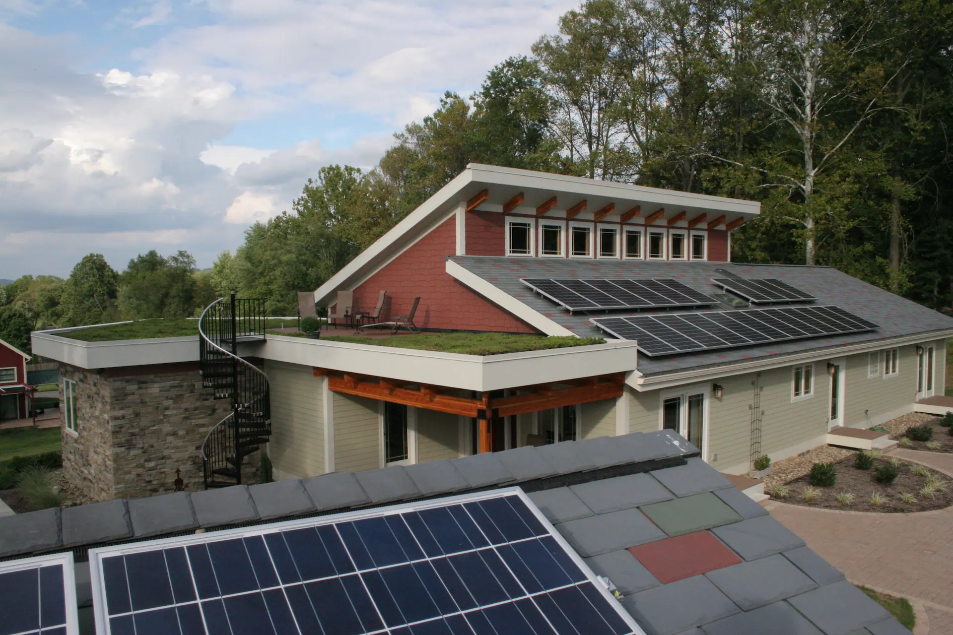 Solar panels and green roof features