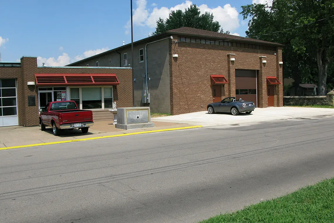 Offices and truck bay of the completed Vienna Volunteer Fire Department station.