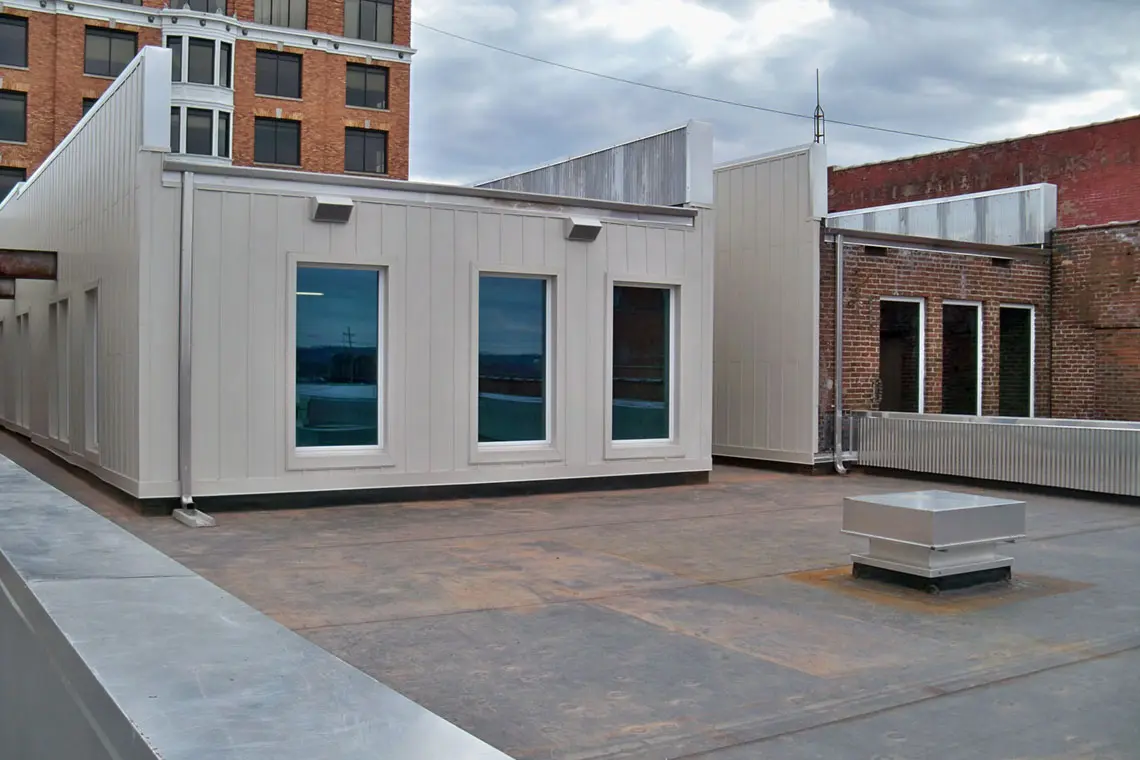 View of the new roof of the renovated WVU-Parkersburg Downtown Center.