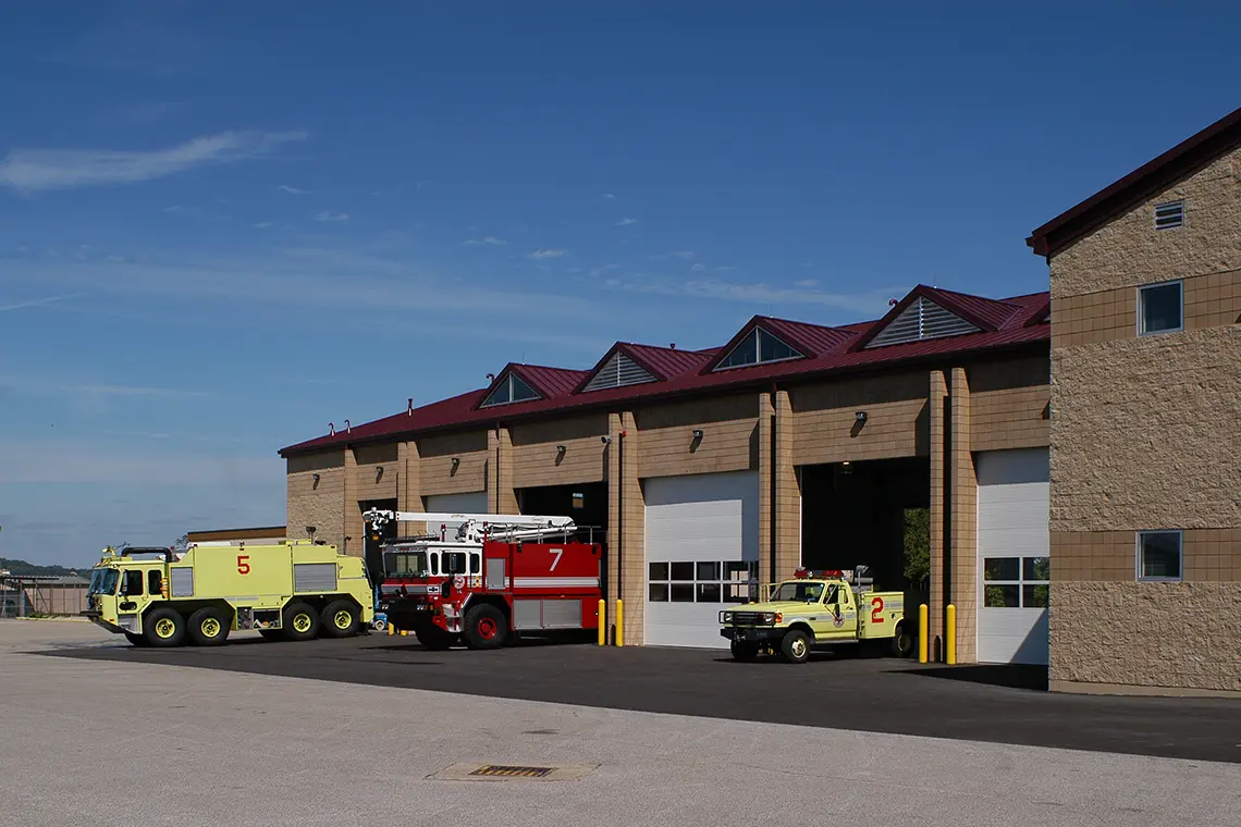 Response vehicles and garage bays of the new Fire, Crash and Rescue building at Yeager Airport.