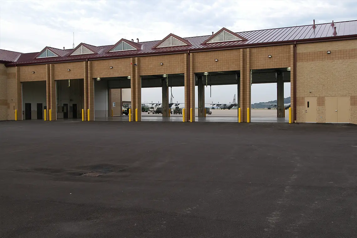 Exterior view of the open vehicle bays.