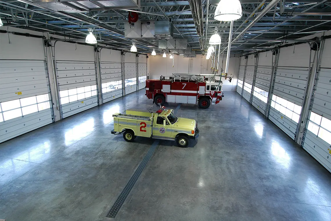 Interior view of the vehicle bays.