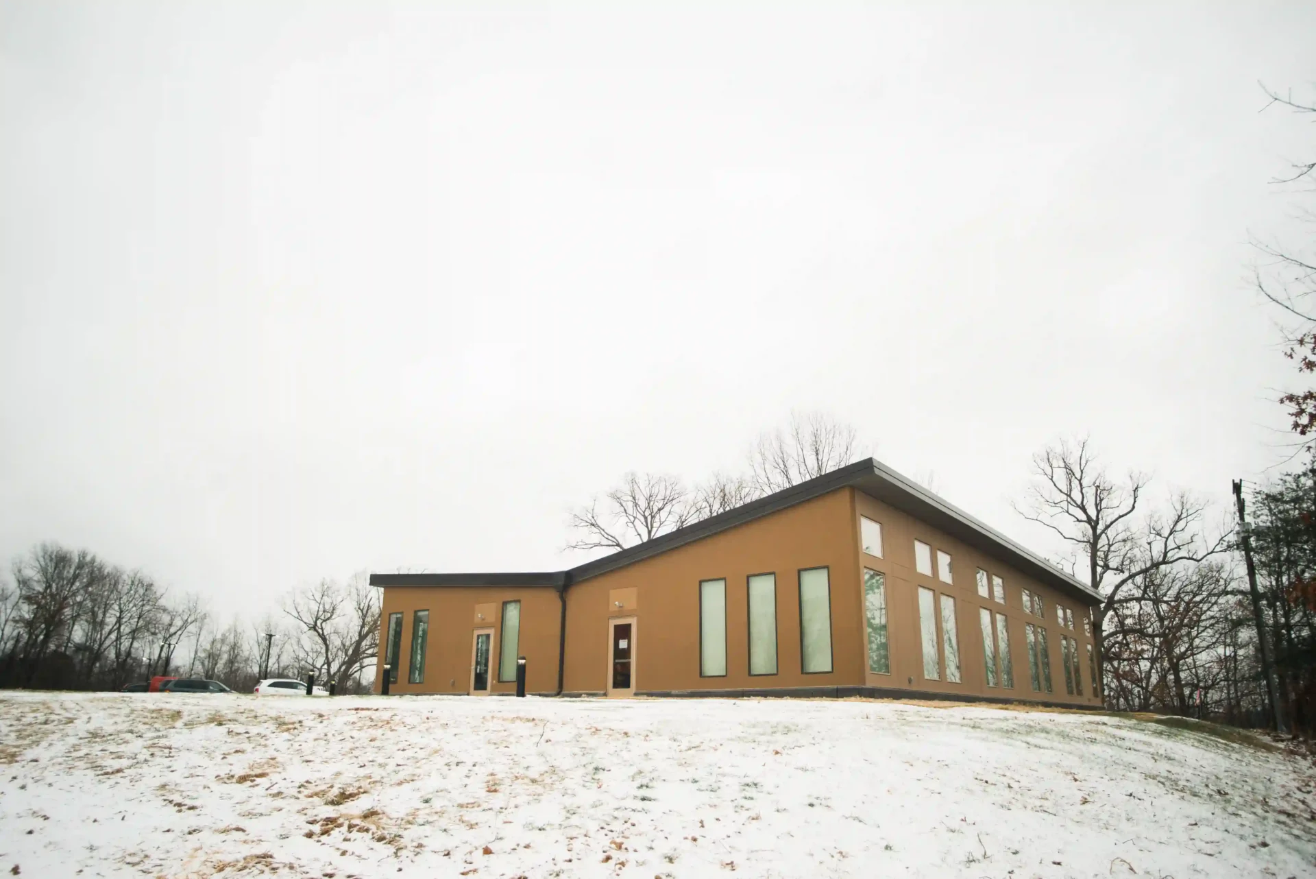 External view of the new South Parkersburg Library showing the open book design.